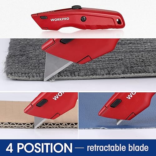 Miniatura 5 de WORKPRO Cuchillo utilitario premium, cortador de caja retráctil de metal resistente, cuchillo de afeitar de hoja de cambio rápido, con 10 cuchillas