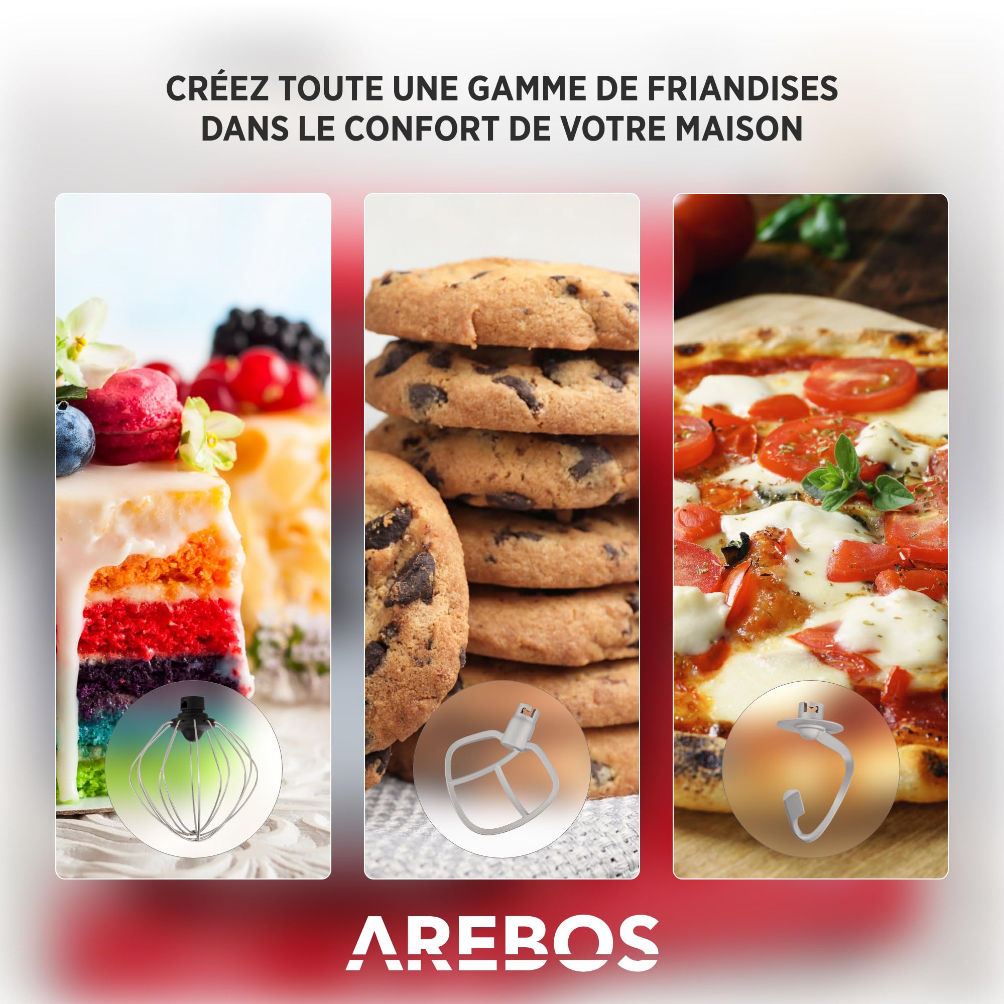 Arebos Robot Pâtissier Professionnel 1500W | Noir | Robot de Cuisine Multifonction avec Fouet, Batteur, Crochet | Avec 2 Bols d'Acier Inoxydable | 6 Vitesses | Fonction Pulse