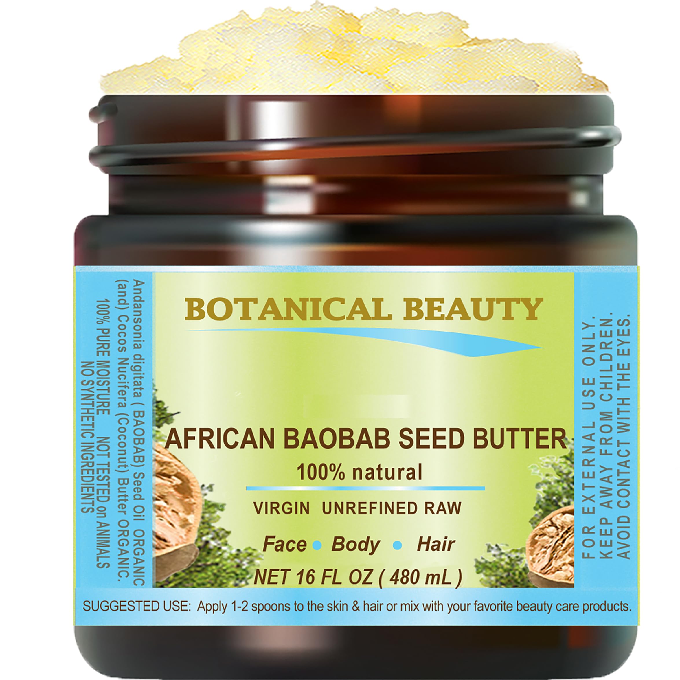 Botanical Beauty BAOBAB OIL BUTTER. 100% Natural RAW VIRGIN UNREFINED Cold Pressed for Face, Skin, Damaged Hair, Lips, Nails 16 Fl. oz. - 480 ml. Rich