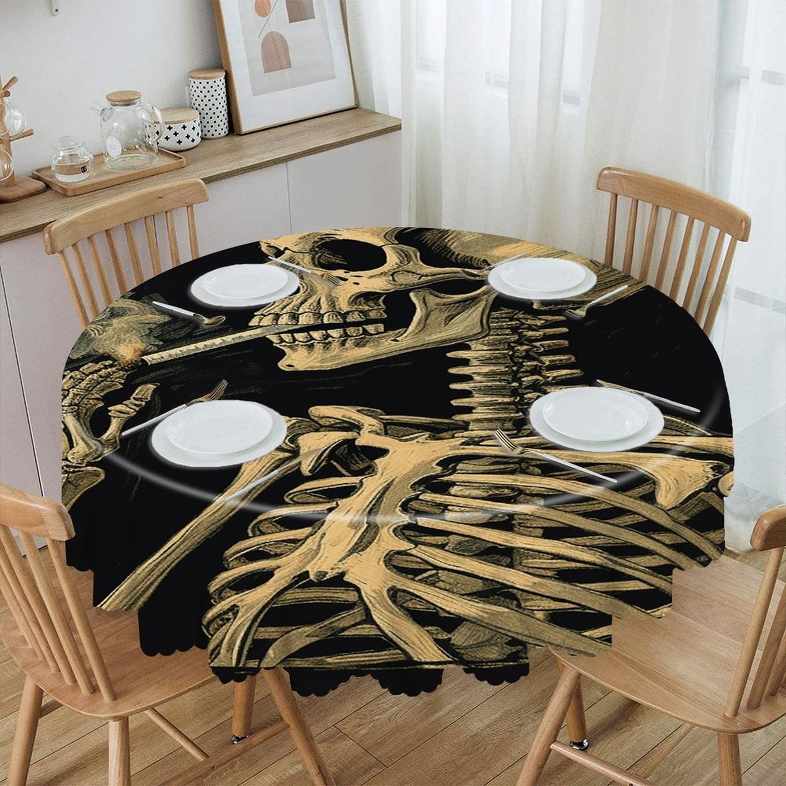 A Skeleton with Burning Cigarette Round Tablecloth Wipeable Round Polyester Tablecloth Waterproof Wrinkle Free Indoor And Outdoor Table Cover 60 Inch Decorative Farmhouse Table Cloth for Dining