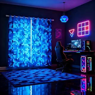 Castle Fairy Navy Blue Camouflage Window Curtain,Geometric Checked Bedroom Decor Curtains,Kids Boys Teens Pixelated Miner Style Window Treatment Video Games 30-50% Blackout Drapes 2 Panels,38Wx54L