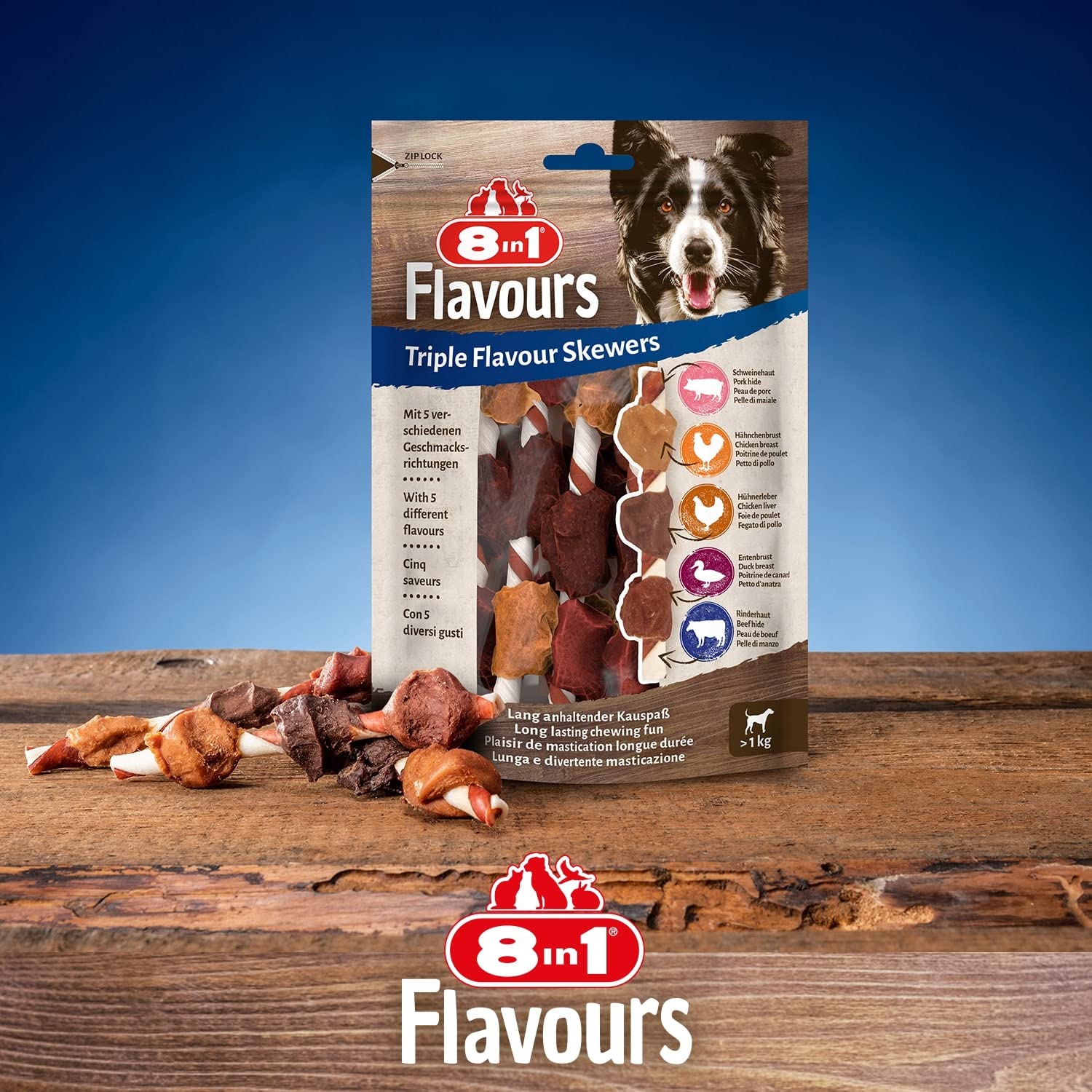 8in1 Triple Flavour Skewers Bastoncini da masticare per cani - Snack da masticare con carne extra, confezione da 113 g (ca. 6 pezzi)