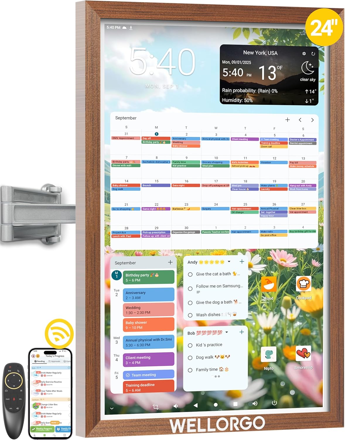 24" Digital Calendar, Electronic Smart Calendar for wall, Family Daily Planner/Chores Chart for Kids, Touch Screen with Remote, Streaming Apps Available, Adjustable Wall Mount & Picture Frame