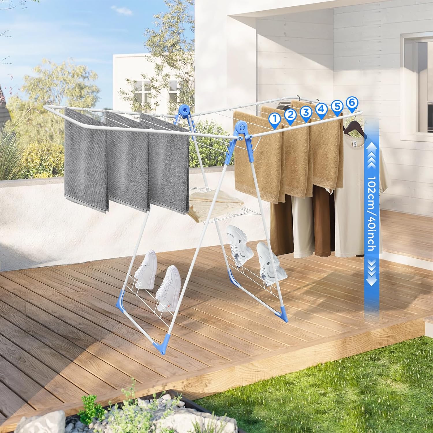 Gullwing Clothes Drying Rack,Foldable Laundry Drying Racks with Shoe Rack, Free-Standing Large Standing Airer, with Height-Adjustable Wings for Indoor Outdoor Use, Laundry Room, Balcony