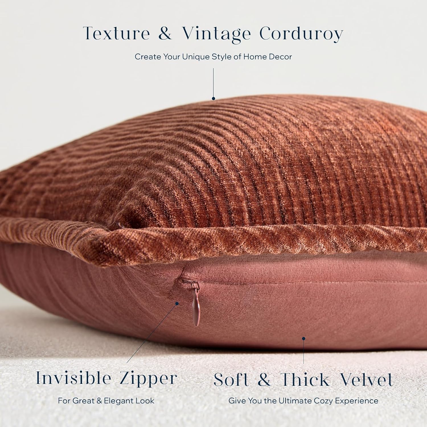 Phantoscope Pack of 4 Paris Corduroy Throw Pillow Covers, Unique Vintage Twill Edge Decorative Pillows Solid Boho Textured Pillow Covers Fall Broadside Square Cushion Case, Brick Red,18 x 18 Inch