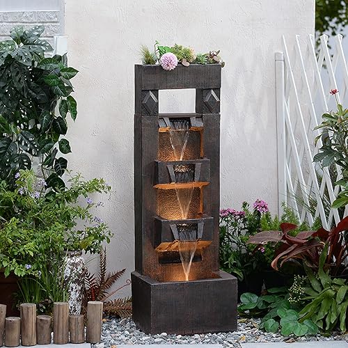 40.94''H Water Fountain Outdoor Garden - Water Fountain with LED Pump,4 Floor Large Outdoor Fountain Square Garden Tall Patio Outdoor Waterfall for Deck Yard Home Backyard Office
