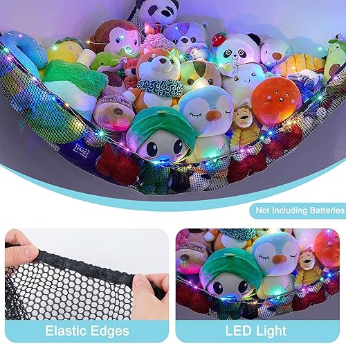 Miniatura 5 de Red de animales de peluche o hamaca organizador de almacenamiento de juguetes para niños con luz LED Unicorn Castle colgante esquina animales de