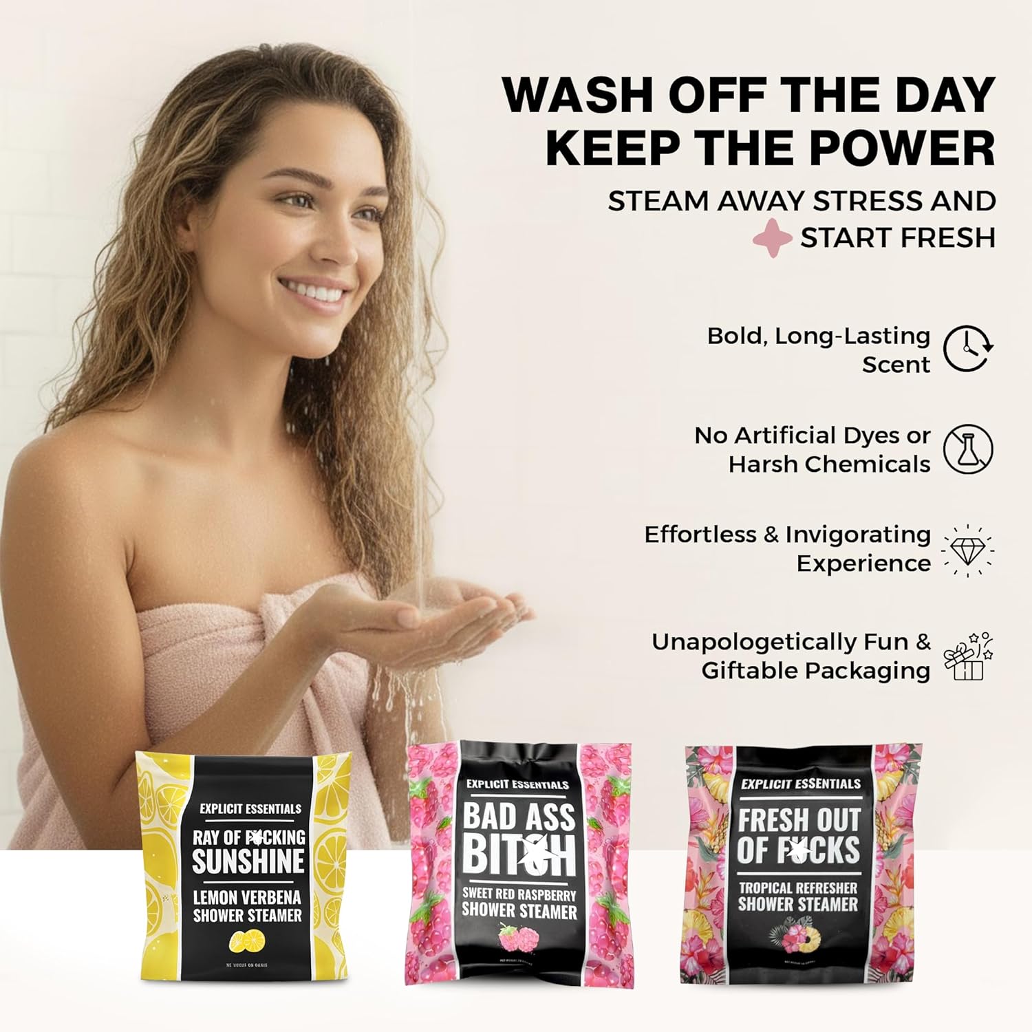 Explicit Essentials Shower Steamers Gift Set | 3 Energizing Shower Pucks (Tropical Refresher, Lemon Verbena & Sweet Red Raspberry) | Aromatherapy Spa Gift for Energy, Mood Boost & Self-Care - Image 5