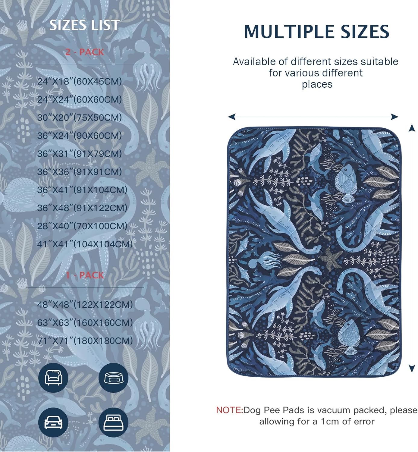 BVAGSS Washable Pee Pads for Dogs, 2 Pack Reusable Leakproof Puppy Wee Wee, Non-Slip Waterproof Pet Training, Super Absorbent Whelping XH081 (Dino Navy, 41X41 Inch)