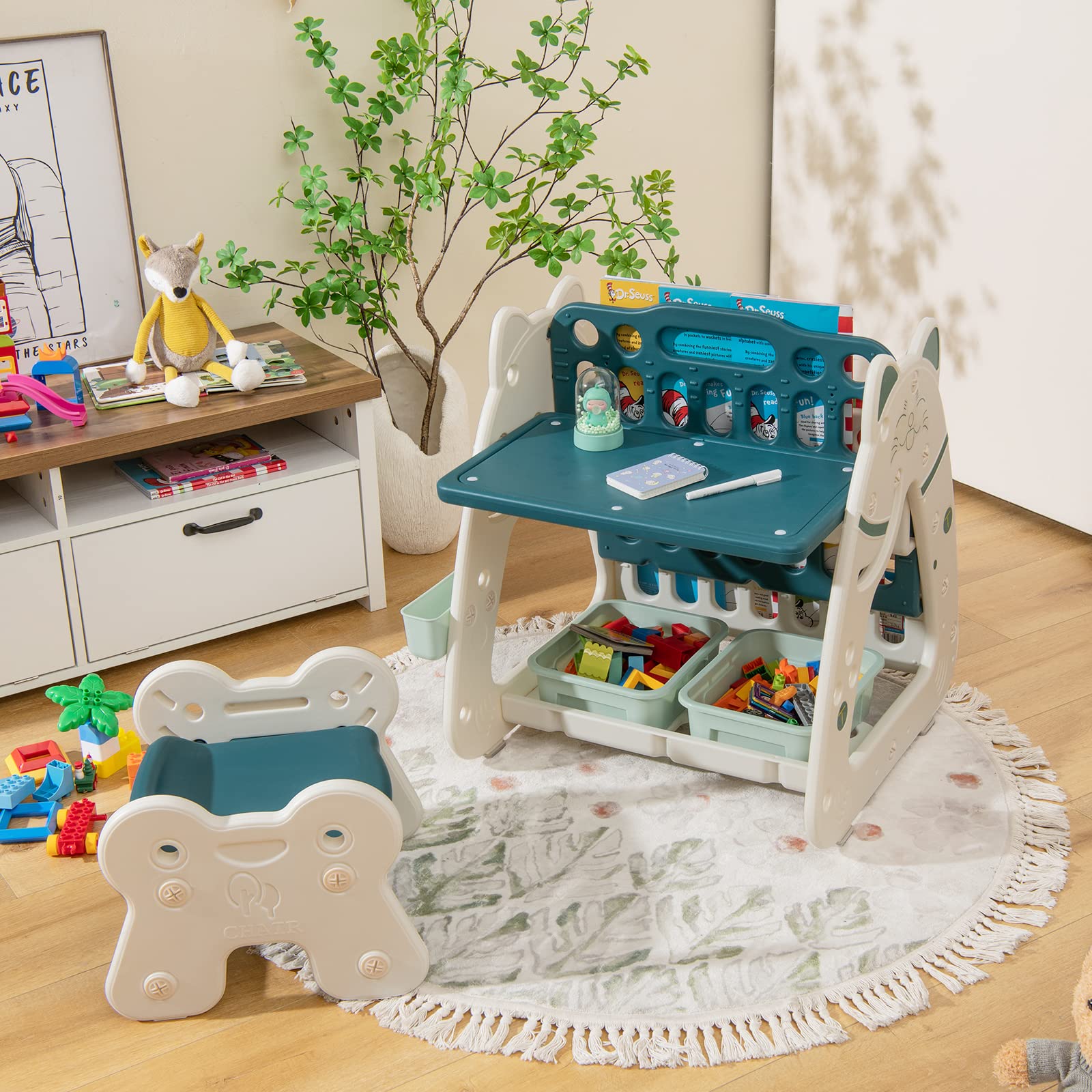 RELAX4LIFE Cavalletto Magnetico per Bambini 3 in 1 con Sgabello Regolabile in Altezza, Libreria per Bambini e Tavolo con Lavagna Cancellabile a Secco, 2 Scatole Portaoggetti, a Forma di Gatto
