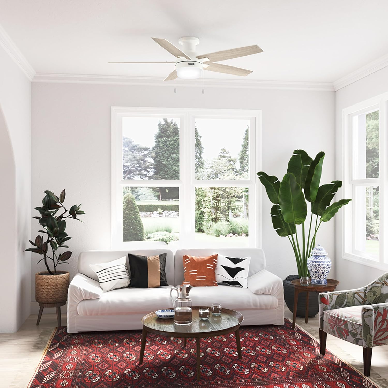 Hunter Ceiling Fan with LED Light - Black Ceiling Fan with Pull Chain, For Bedroom or Living Room, Standard Mount, No Remote, 5 Blades, Includes Bulbs - Anisten (Fresh White, 52 Inch)