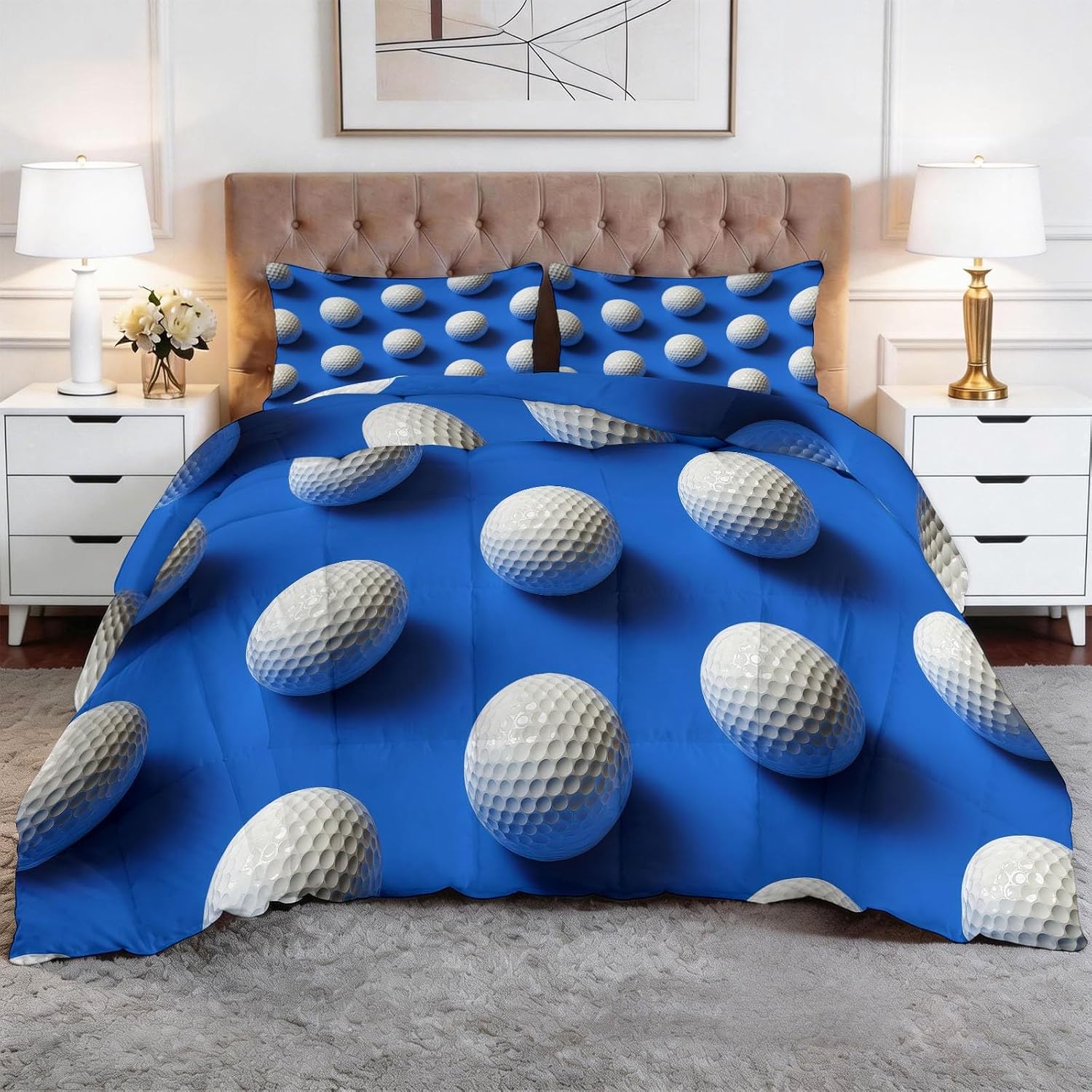 Modern Geometric Golf Sports Thin Summer Full Comforter 80 x 90 in, Sports Lightweight Quilt Bedding Set - Soft Breathable Duvet for Hot Sleepers, Kids Boys Girls Bedroom Guest Room Decor