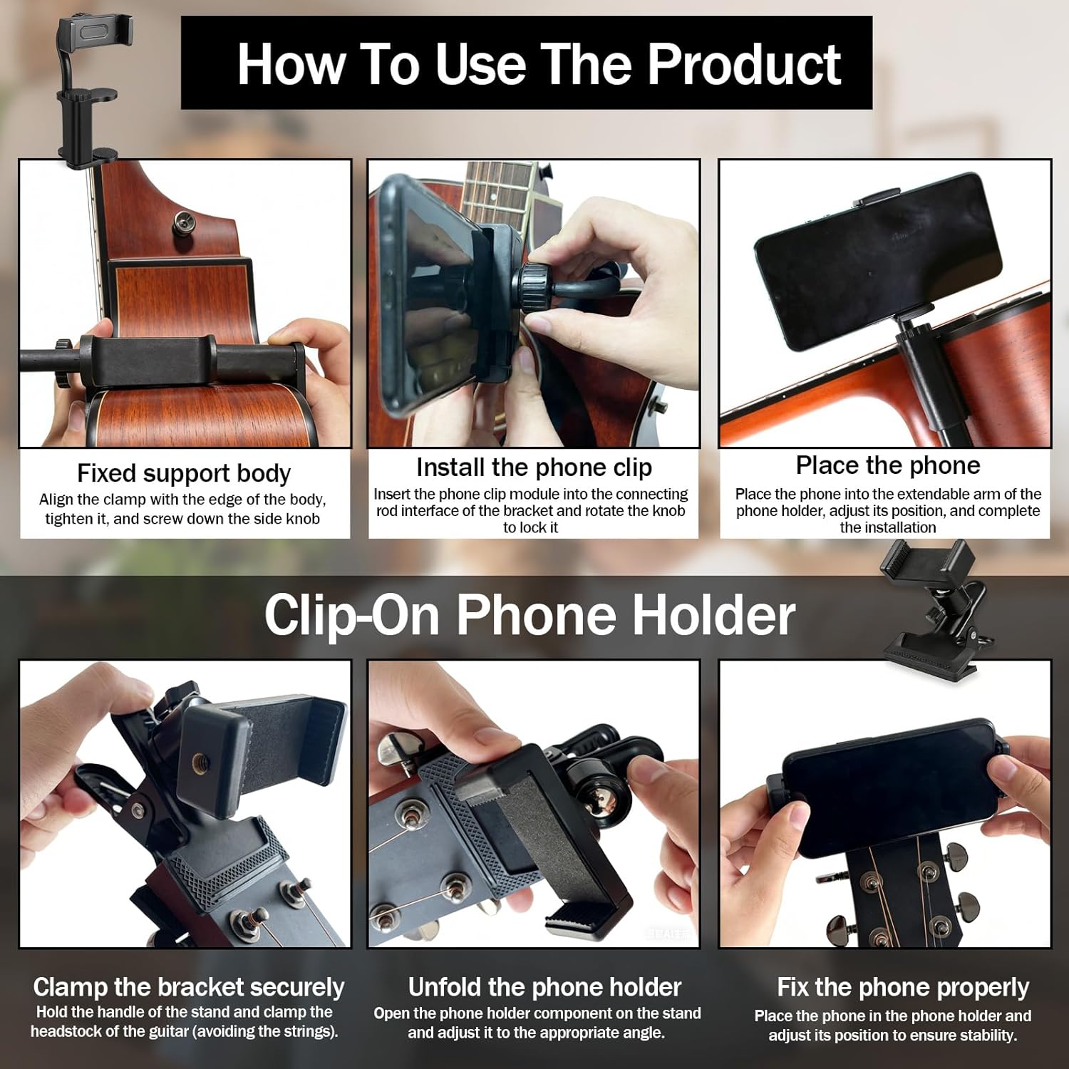 Guitar Phone Holder, with Two Styles This Adjustable Rotatable Guitar Phone Mount Fits Guitars/Ukuleles (2.36"-4.13" Thick) It's The Perfect for Live-streamed Lessons and Lessons Recording