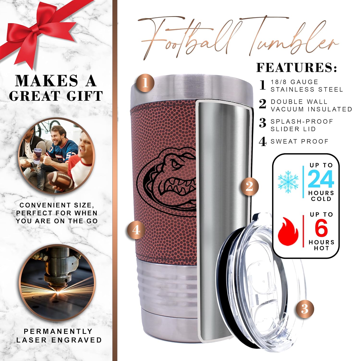 My Personal Memories 20 oz Officially Licensed Florida Gators Basketball and Football Grip Vacuum Insulated Double Wall Stainless Steel Travel Tumbler with Lid (Football)