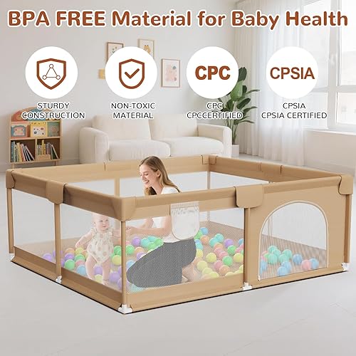 Miniatura 9 de Corralito grande para bebés de 64 x 64 pulgadas, corralito para bebés y niños pequeños con 50 bolas oceánicas, área de juego de valla de seguridad