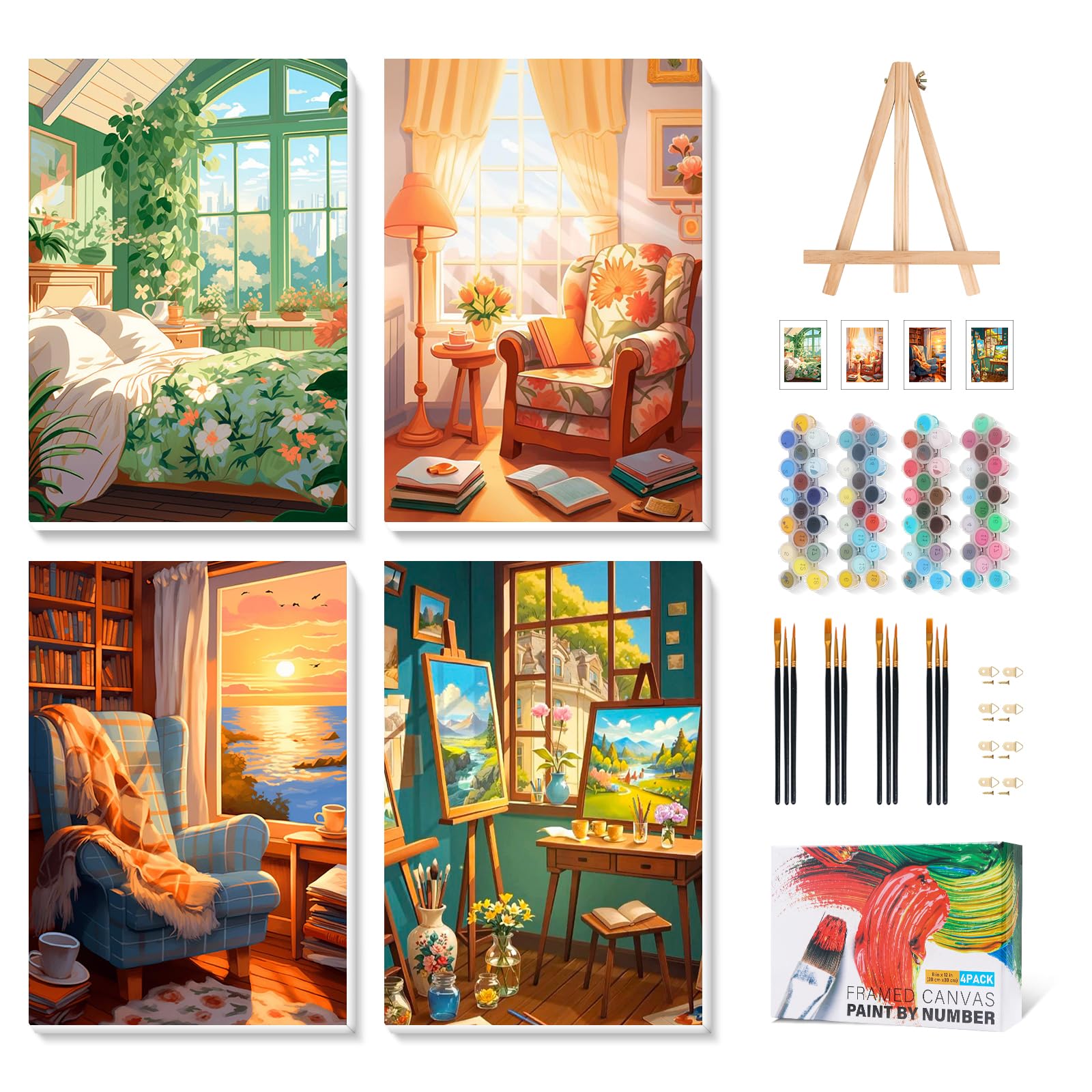 4 Stück Malen nach Zahlen Erwachsene mit Rahmen Landschaft, Am Sonnenuntergang Malen nach Zahlen mit Rahmen, DIY Fenster Landschaft Paint by Numbers mit einer Staffelei für Home Deko Geschenk 20x30cm