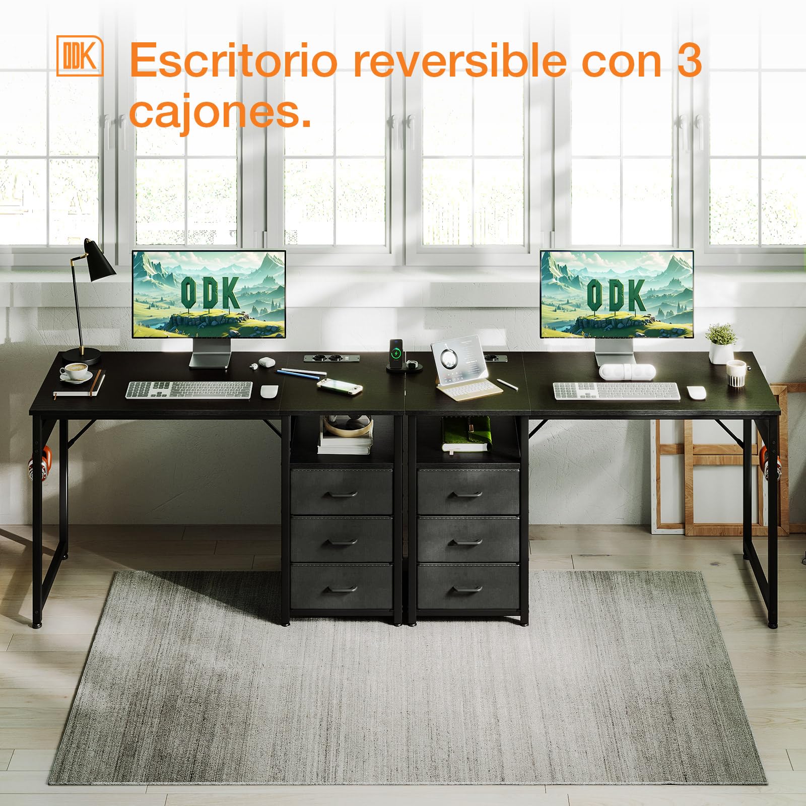 ODK Bureau met 4 laden, 120 x 48 x 75,7 cm, computertafel met hoofdtelefoonhouder, pc-tafel, omkeerbaar, houten bureautafel voor thuiskantoor, zwart