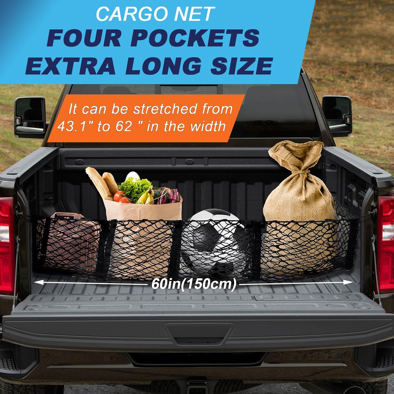 Cargo Net for Pickup Truck Bed 59 ×11.8 inch Adjustable Elastic Mesh Car Rear Storage Organizer with 4 Carabiners Accessories, Heavy Duty Cargo Netting for Pickup, Truck, SUV - Image 4