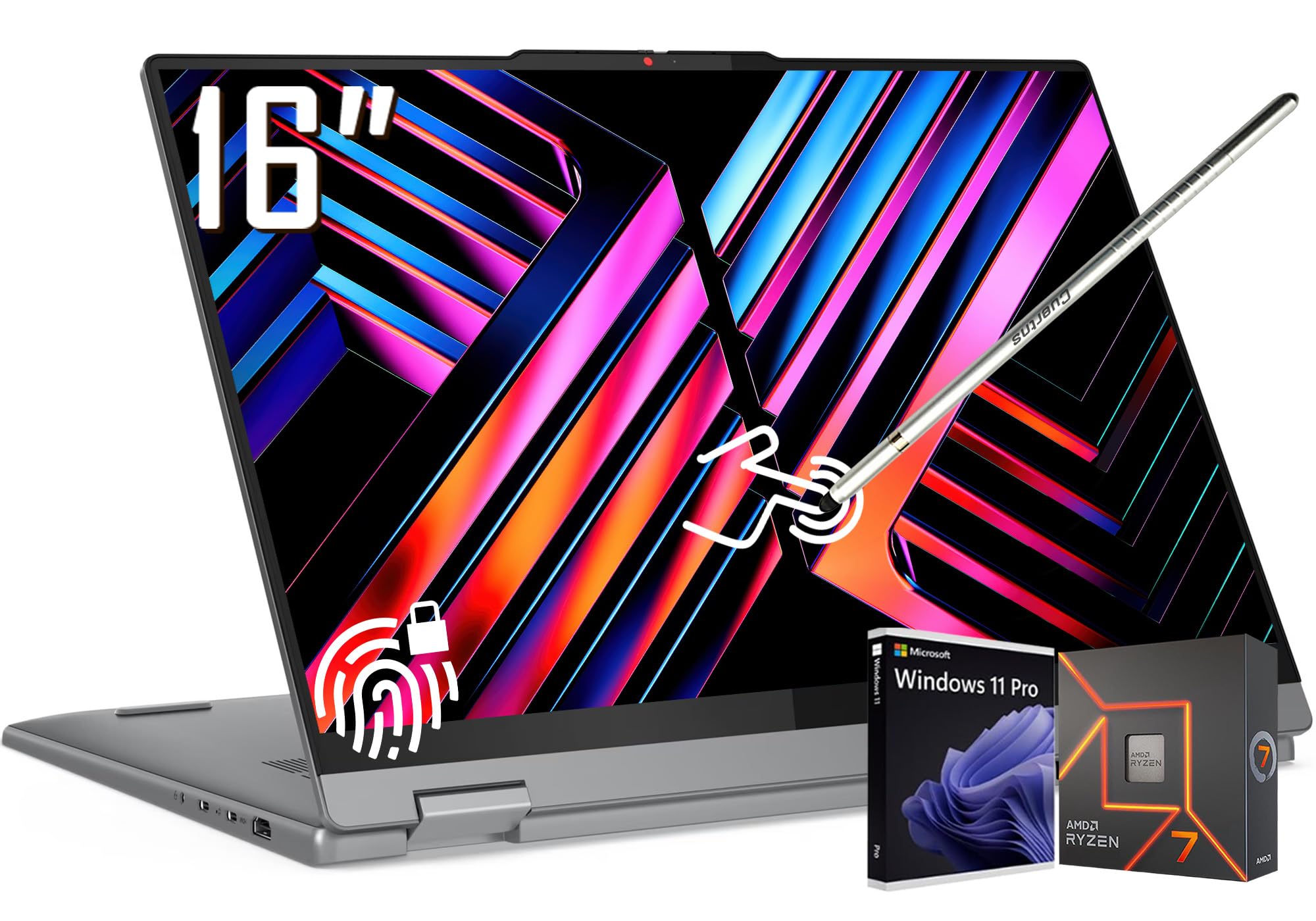 Lenovo IdeaPad 5 - Computer portatile touchscreen 2 in 1 da 16", touchscreen 2K da 16", AMD Ryzen 7 8845HS, 16 GB di RAM, SSD da 1 TB, lettore FP, KB retroilluminato, Wi-Fi 6, Win 11 Pro, con stilo