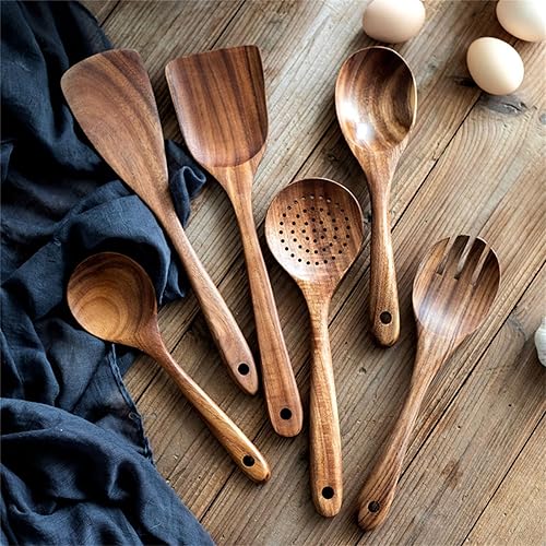Miniatura 8 de Set Of 9 Kitchen Utensils Essential Cooking Tool Slotted Tuner Serving Spoon Cooking Utensils Set Wood Texture Tool