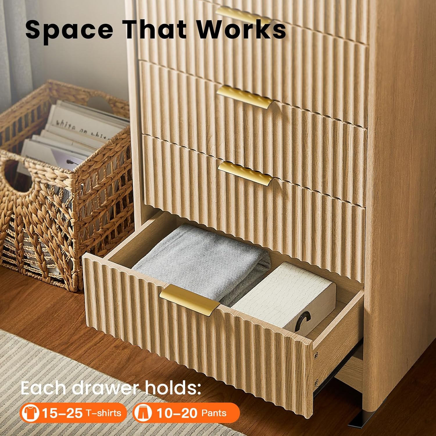 Pipishell Dresser for Bedroom, Fluted 5 Drawers Dresser, 40" Tall Modern Chest of Drawer with Round Edge & Pre-Installed Drawer Slides, Natural Wood Drawer Organizer for Bedroom, Hallway, Natural Oak
