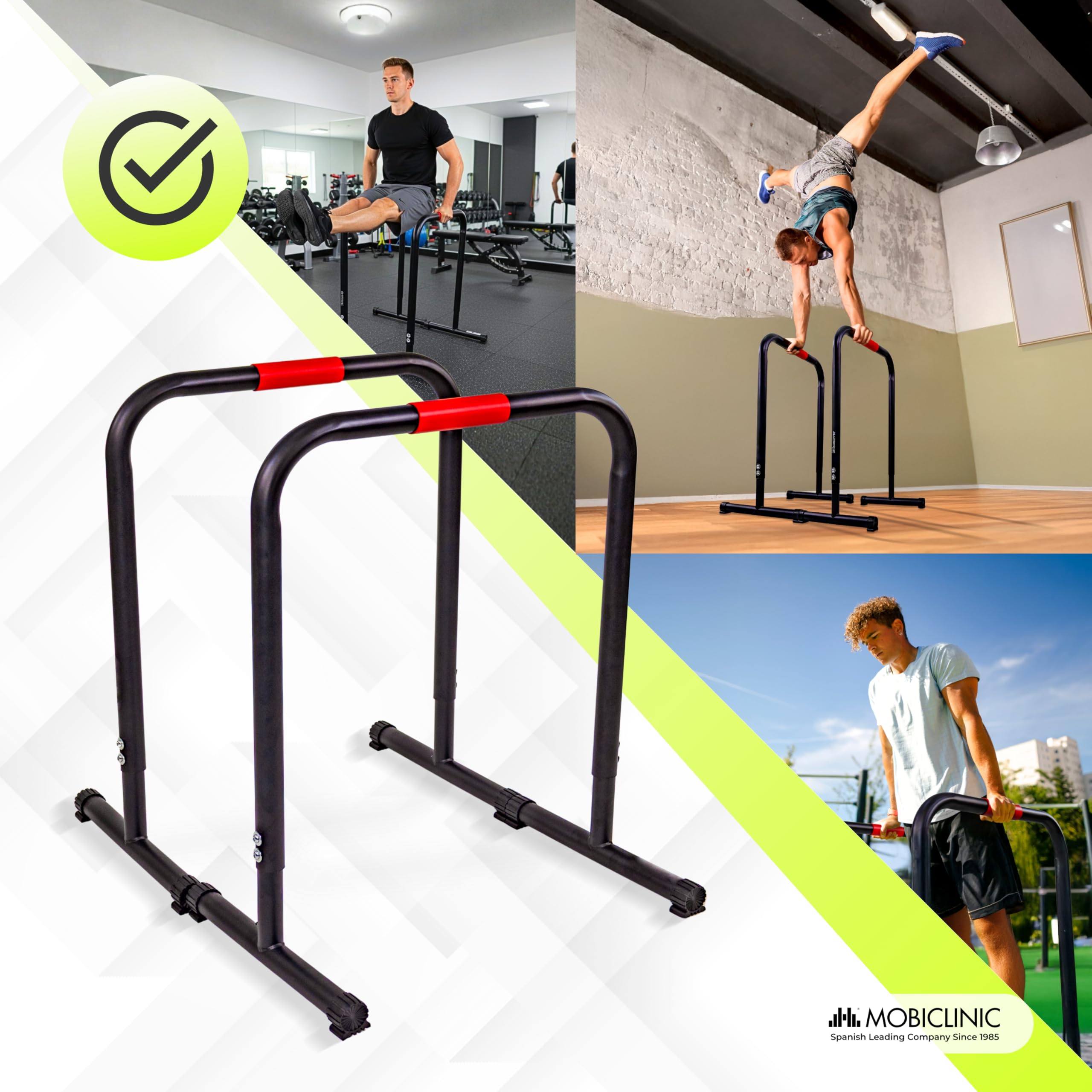 Mobiclinic®, Parallele Calisthenics, Regolabili, 2 Altezze 79-89 cm, Impugnature Antiscivolo, Piedini in Gomma, Acciaio Rinforzato, Dip, Flessioni, Plank, Funzionali, Twins