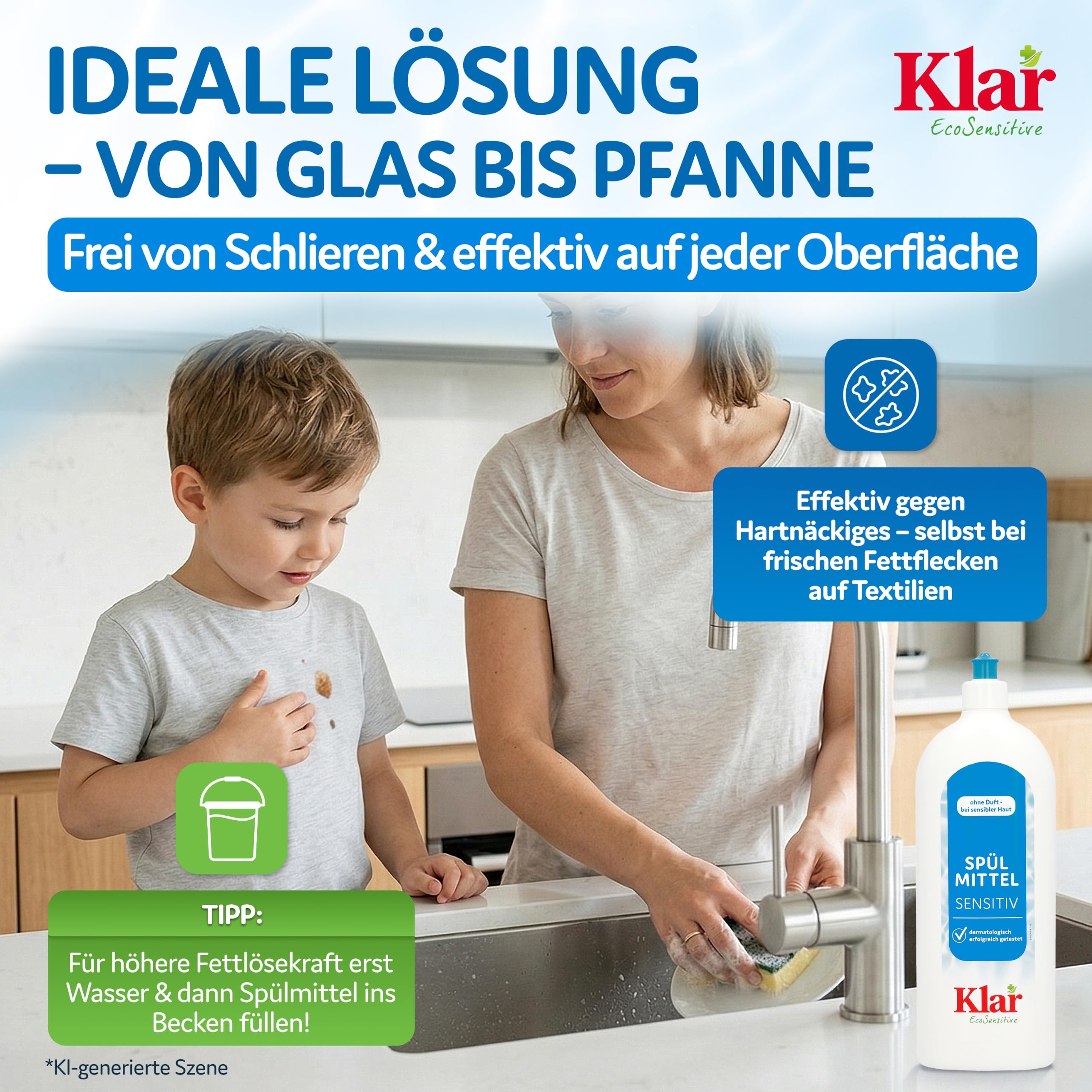 Klar EcoSensitive Spülmittel SENSITIV, 1l - Ohne Duft & hypoallergen