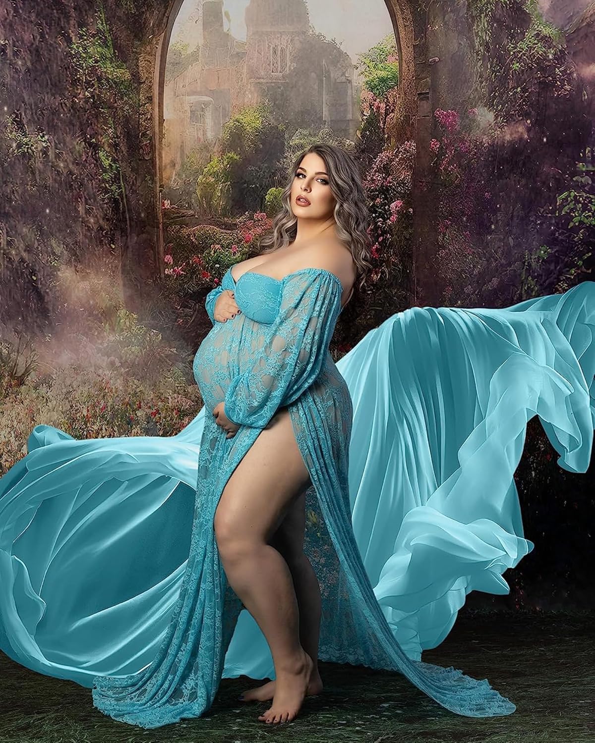 Saslax Soft Stretchy Lace Off Shoulder Doubly Split A-line Skirt Maternity Dress Pregnancy Maxi Gown for Photoshoot - Image 4