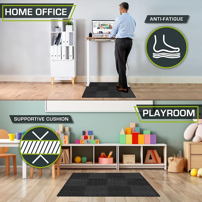 ProsourceFit Exercise Puzzle Mat 1⁄2 pulgada, Baldosas de Piso de Espuma EVA en tablero ajedrezado con textura antideslizante, diseño entrelazado para superficies de gimnasio ajustables, absorbe impactos, negro, 12 pies cuadrados - 12 baldosas miniatura 4