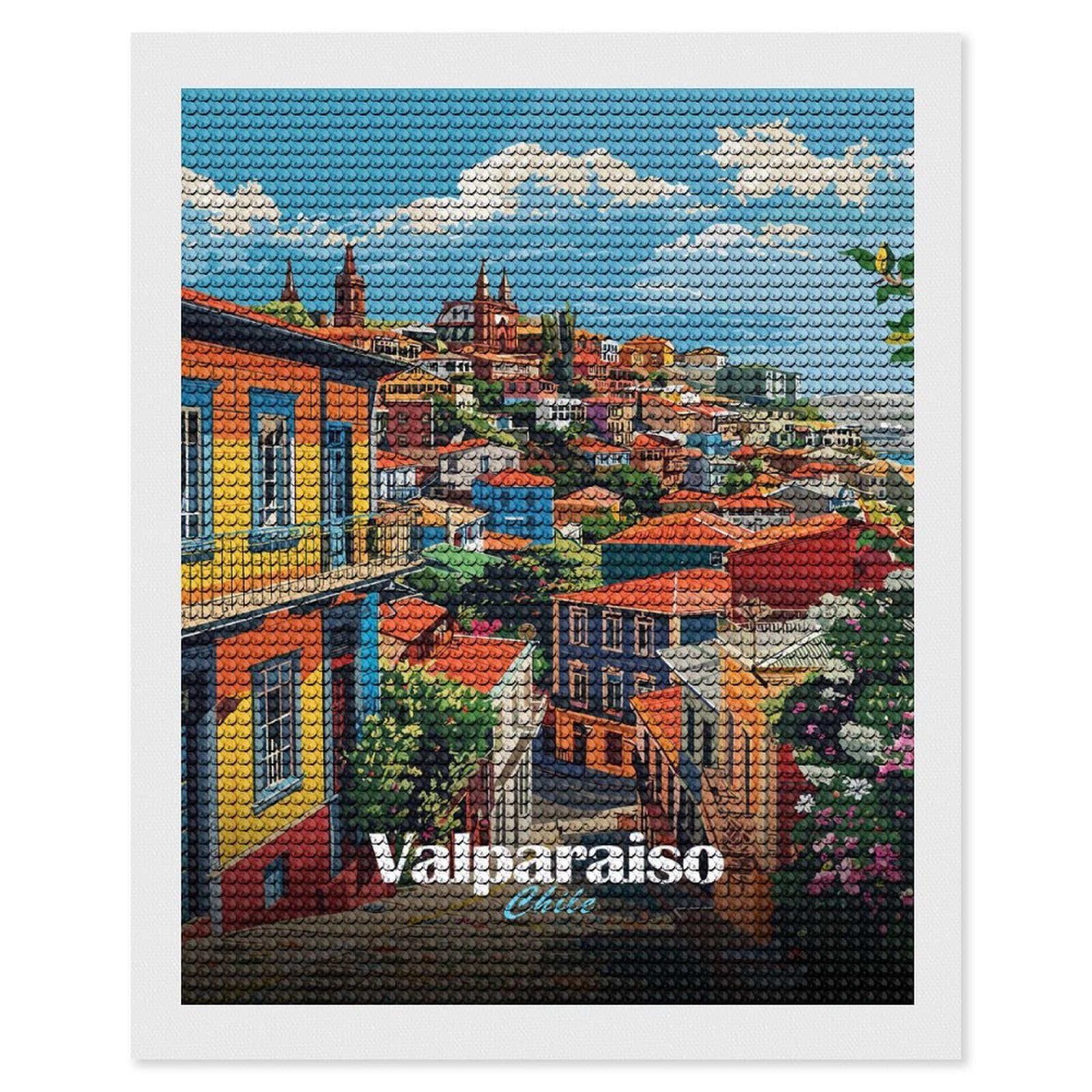 Junmoney Valparaiso, Chile Cityscape Diamond Painting Canvas Set 16"x20", for Craft Lovers, Decorate Your Room, Festive Craft Gift, Vintage Style Decor