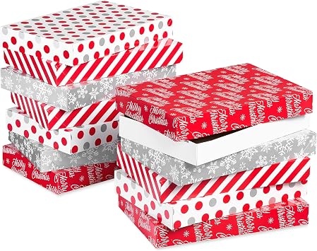 American Greetings Christmas Gift Boxes, Red, White and Silver Christmas Patterns 12-Boxes, 14.75 in. x 9.5 in.