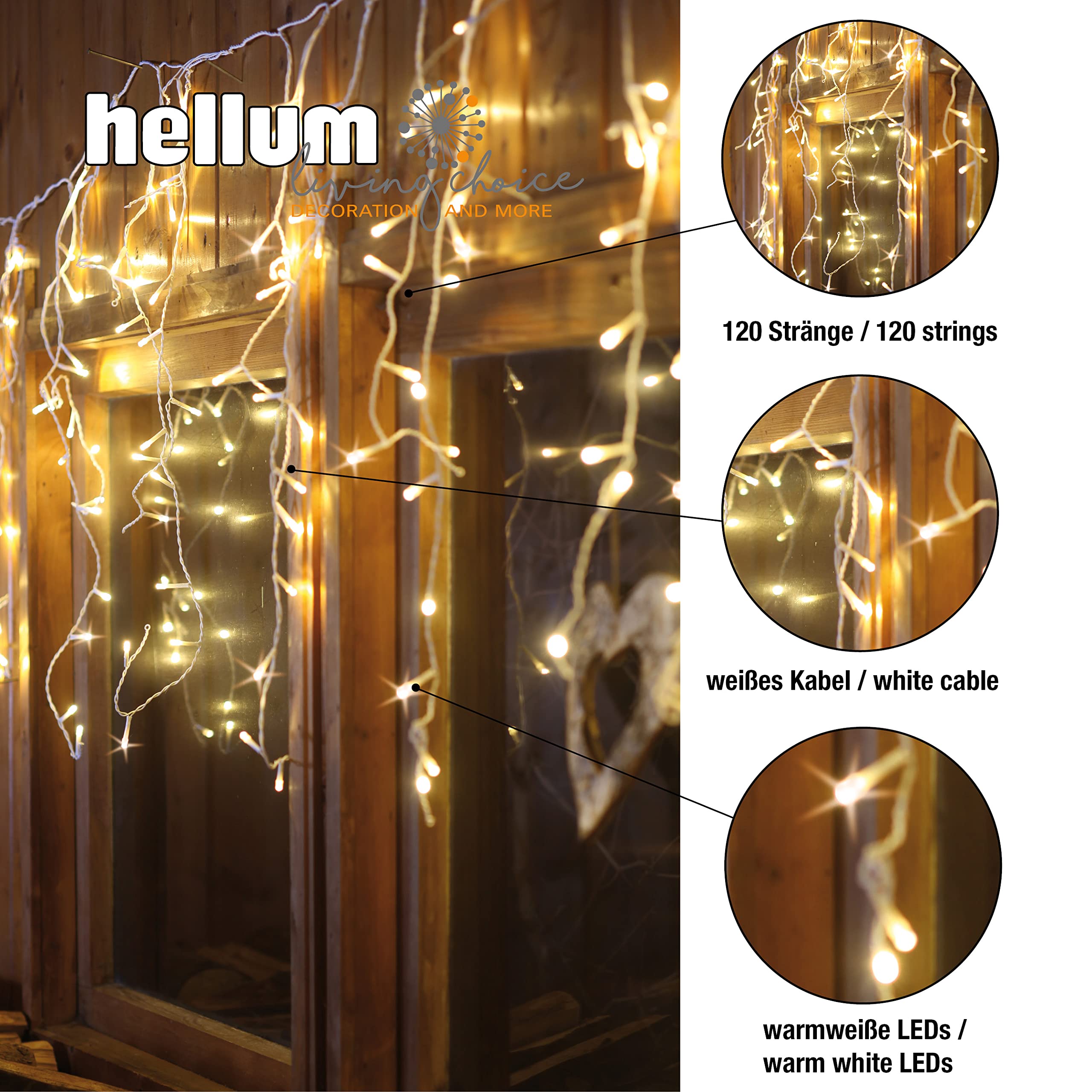 hellum Lichterkette Außen, LED Eislichtvorhang, Lichtervorhang 11,90x0,53m beleuchtet, 480 LED Lichterkette Außen Weihnachten mit weißem Kabel 5m Zuleitung, Weihnachtsbeleuchtung <59lm 577747