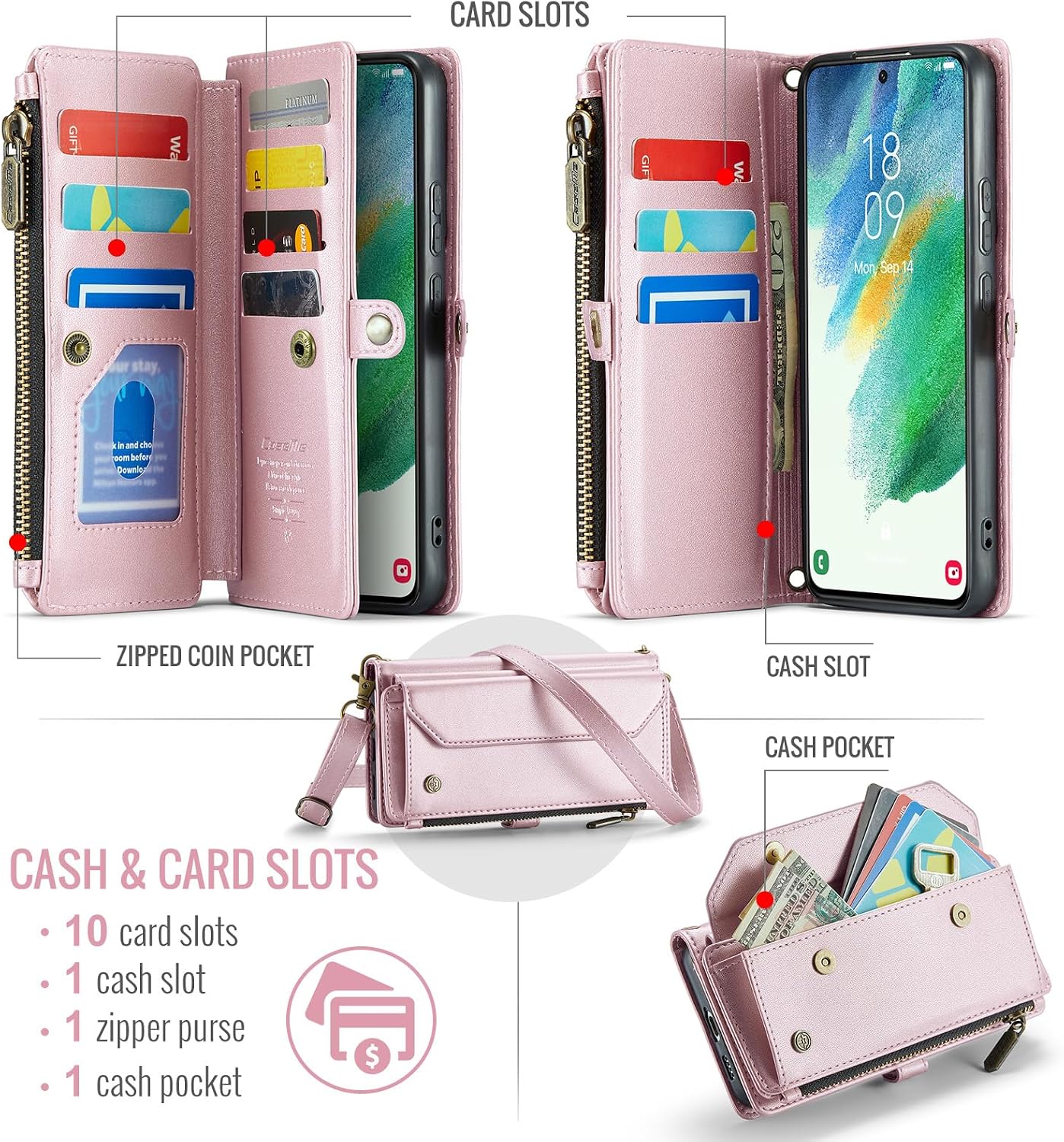 Crossbody Wallet Case for Samsung Galaxy S21 FE with Card Holder, RFID Blocking, Kickstand, Soft PU Leather, Magnetic Snaps, Zipper Pocket S21 FE Phone Case Pink
