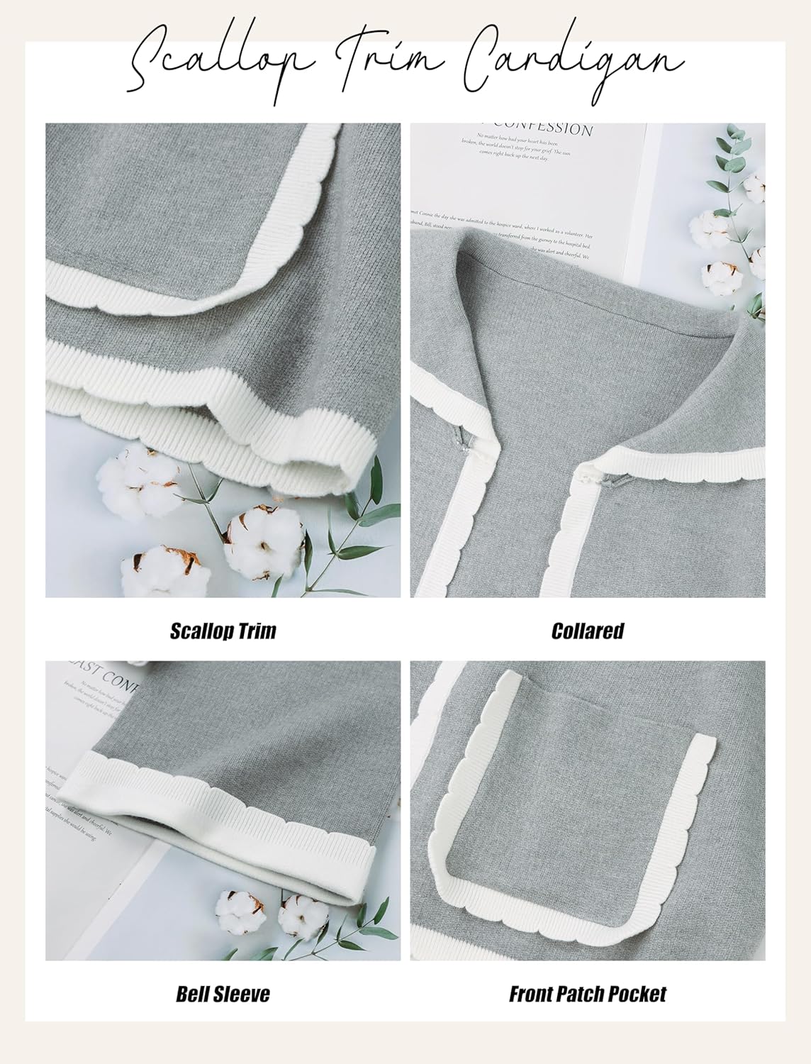 Women Scallop Collar Cardigan Sweaters Color Block Bell Sleeve Open Front Knit Cardigan Fall Sweater with Pockets - Image 5