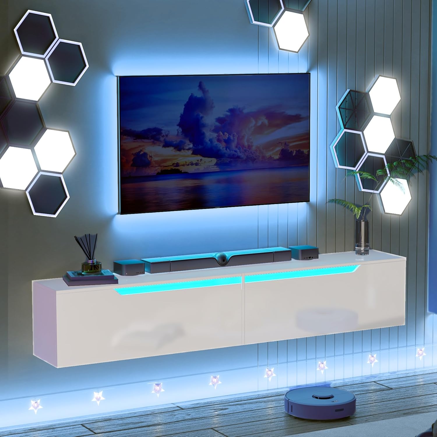 Floating TV Stand with LED Lights for 85 inch TV, Modern 69'' Wall Mounted TV Cabinet Media Console Entertainment Center with Storage for Living Room Bedroom Playroom (White)