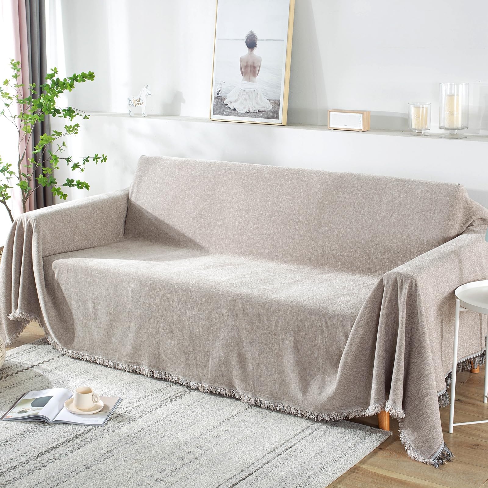 Extra Wide 91"x134" Chenille Sofa Cover Water Resistant Sofa Covers Washable Sectional Couch Covers for 2 3 Cushion, Tassel Edge Durable Couch Protector for Dogs (Khaki, 91"x134")