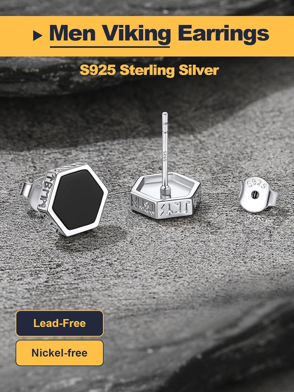 U7 925 Sterling Silver Black Onyx Stud Earrings with Viking Rune Cubic Zirconia Earrings for Men Women