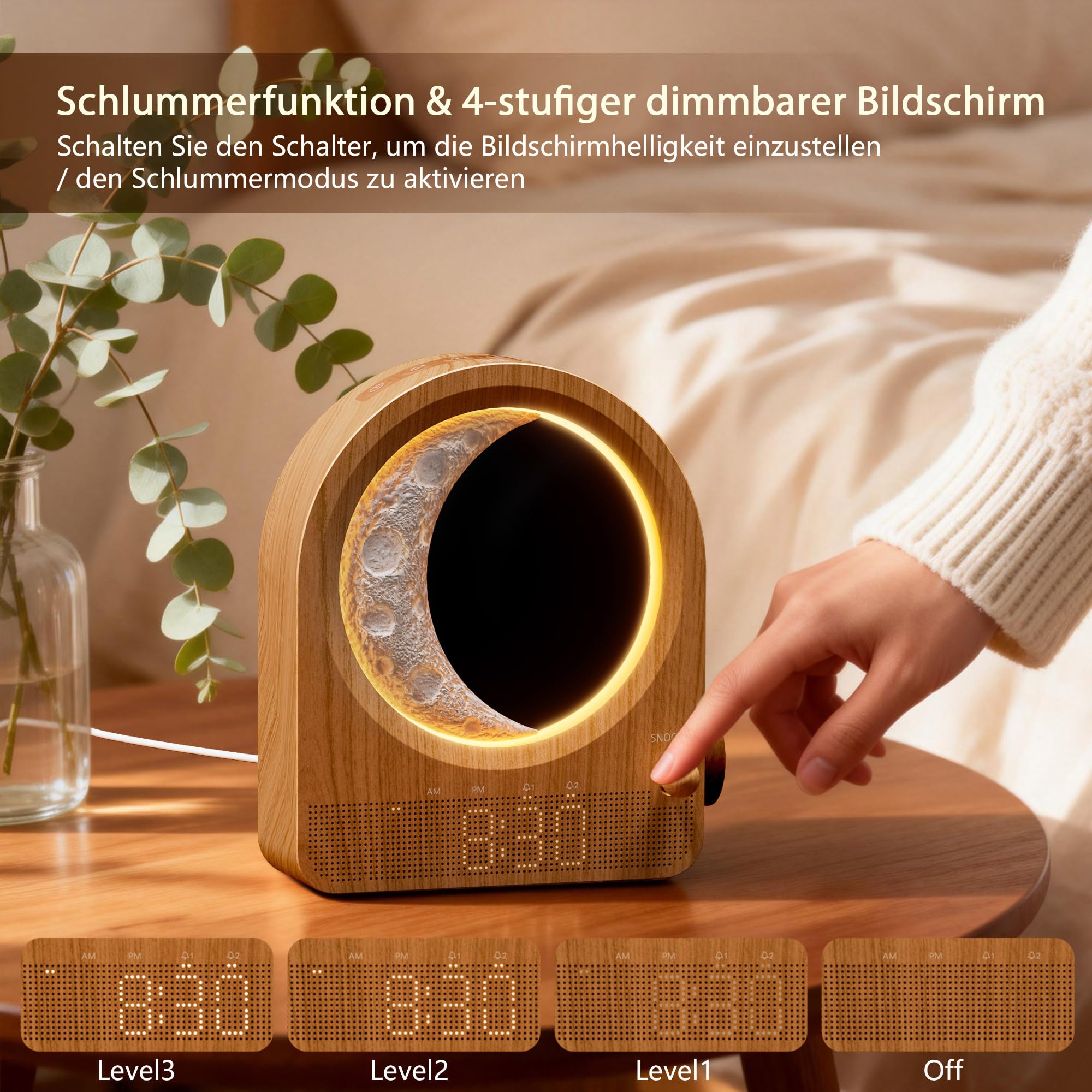 blonbar Wecker & Mondlampe, Nachttischlampe mit Lichtwecker, Tageslichtwecker, Nachtlicht mit 3 Helligkeitsstufen,10 Natürliche Klänge, Ideal für Schlafzimmer