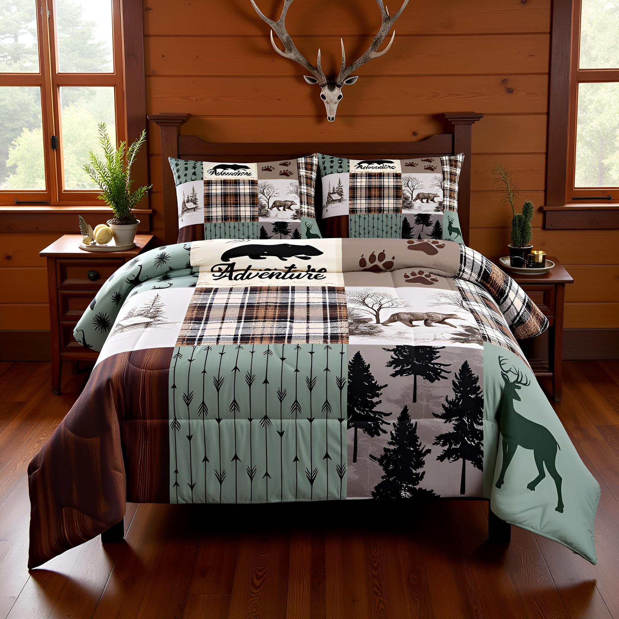 Rustic Farmhouse Kids Comforter Set Full Size,Deer Antlers Bear Animal Paws Plaids Patchwork Bedding Set for Boys Girls Room Decor,Pine Trees Arrows