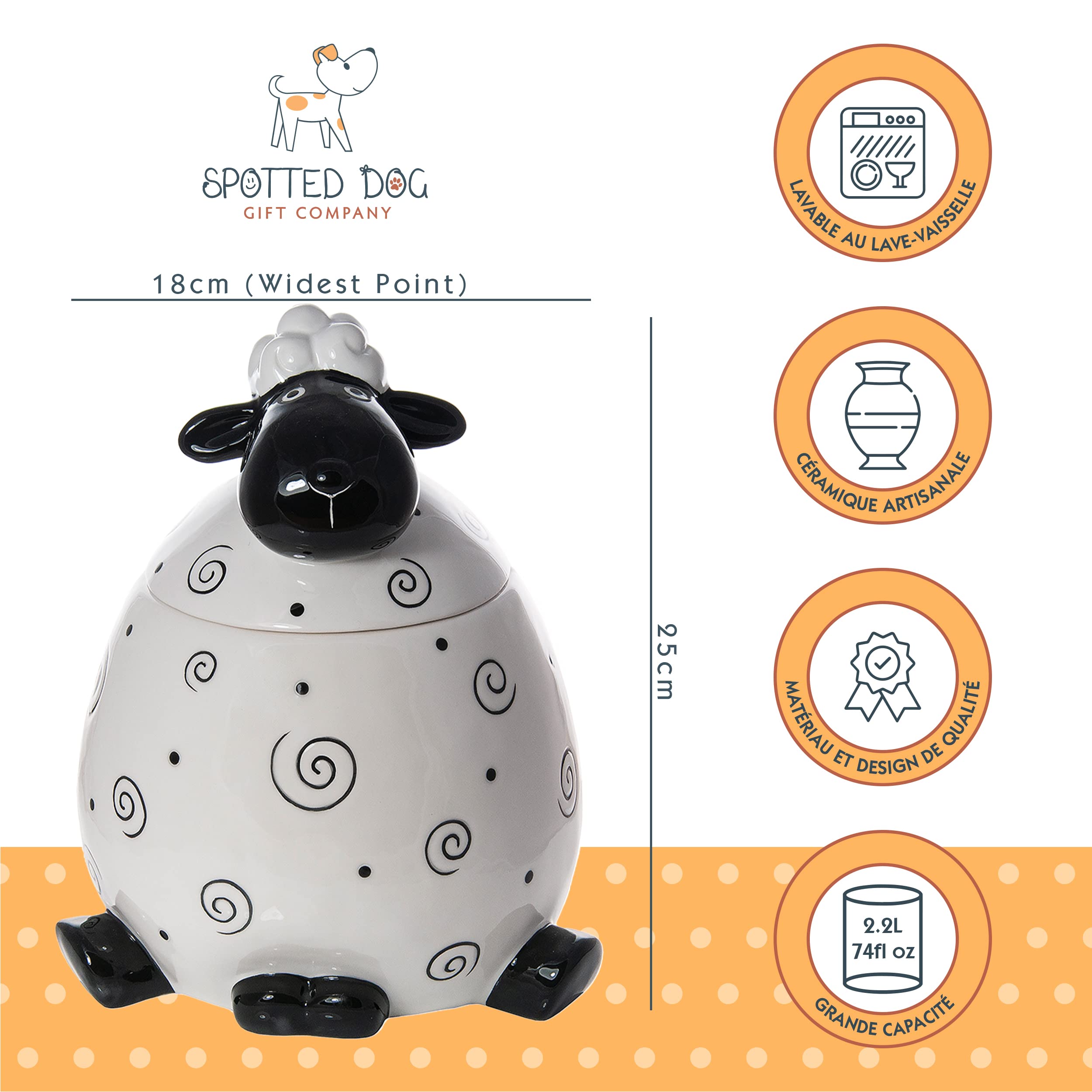 SPOTTED DOG GIFT COMPANY Boîte à Biscuit en Céramique, Grand Bocal de Conservation pour Cookies Bonbons ou Friandises, Mignon Cuisine Article, Cadeau pour Mouton Amoureux, Blanc 2200ml