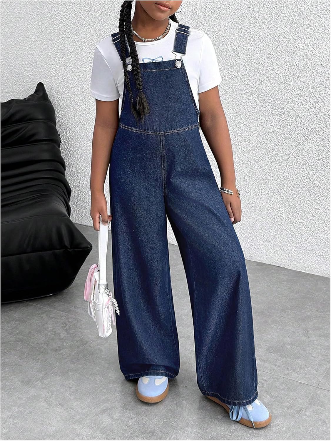 WDIRARA Girl's Denim Overalls Sleeveless Cute Bow Knot Wide Leg Jean Jumpsuit