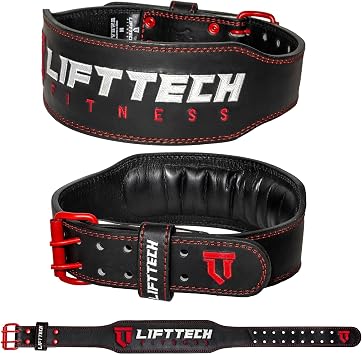 Lift Tech Fitness 4'' Comp Padded Leather Lifting Belt - Powerlifting Belt for Women & Men - Used for Weightlifting, Strength Training, Powerlifting in Black & Red