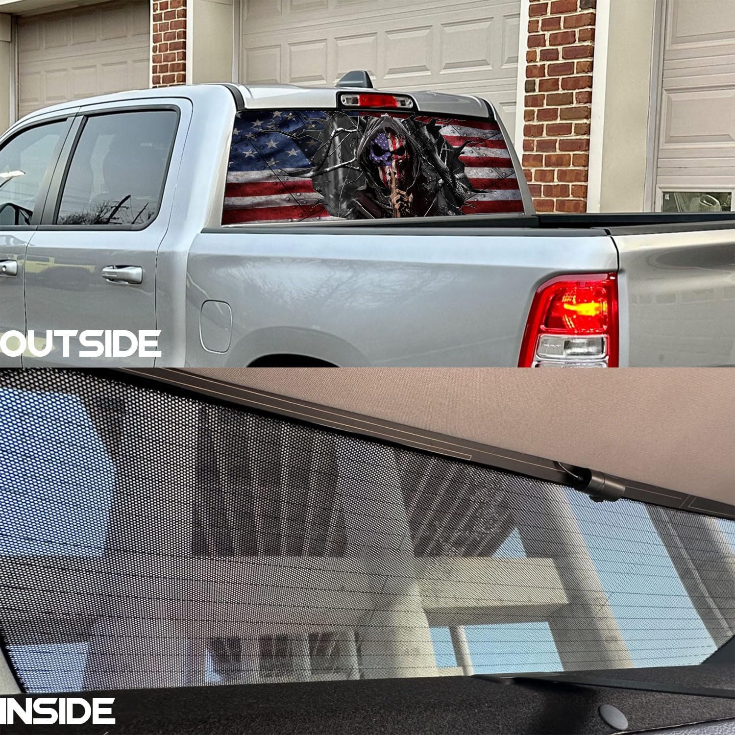 Skull Flag Truck Rear Window Decal – Perforated Vinyl See-Through Sticker, Universal Fit for Pickup Trucks, Patriotic Gift for Dad, Boyfriend & Truck Owners, Easy DIY Install, 65x17IN