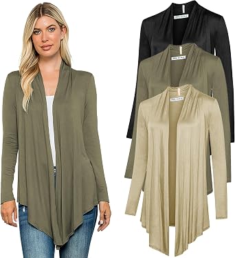 Free to Live 3 Pack Long Sleeve Cardigan for Women Open Front Dressy Casual Fall Draped Lightweight Sweaters Cover Up Shrugs