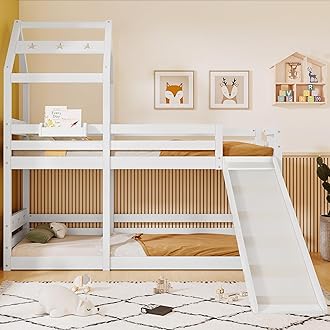 BTM Wooden Bunk Bed Tree house with slide & ladder 90 x 190 cm, 3FT Cabin Bed for children - 2x slatted frame - White