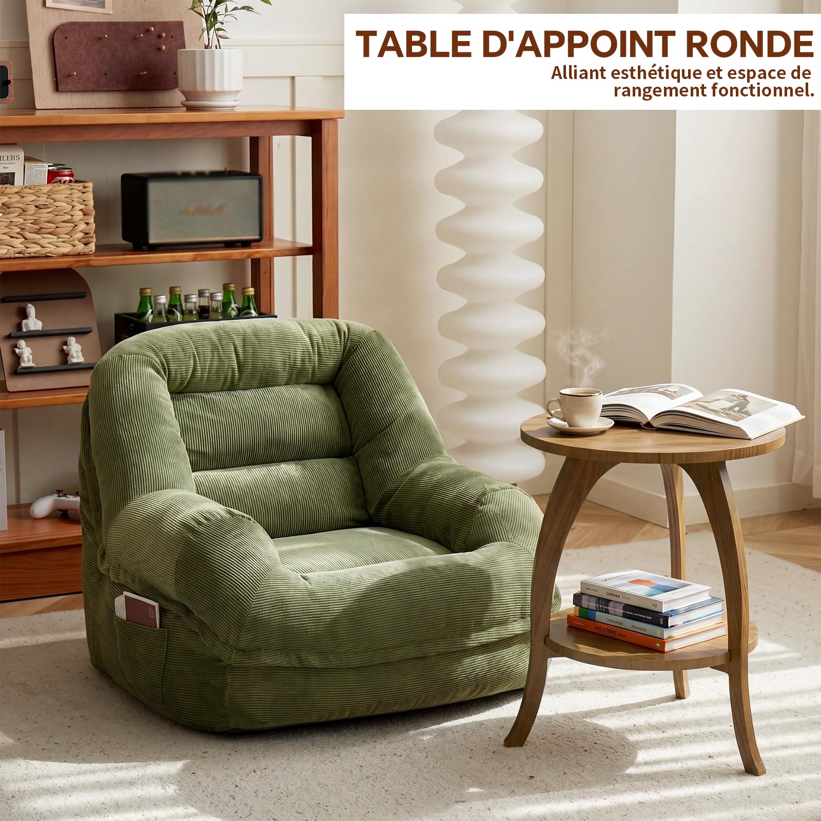 Table d'appoint ronde style rétro du milieu du siècle moderne en bois massif avec plateau de rangement, petite table d'appoint pour salon ou table de chevet, marron