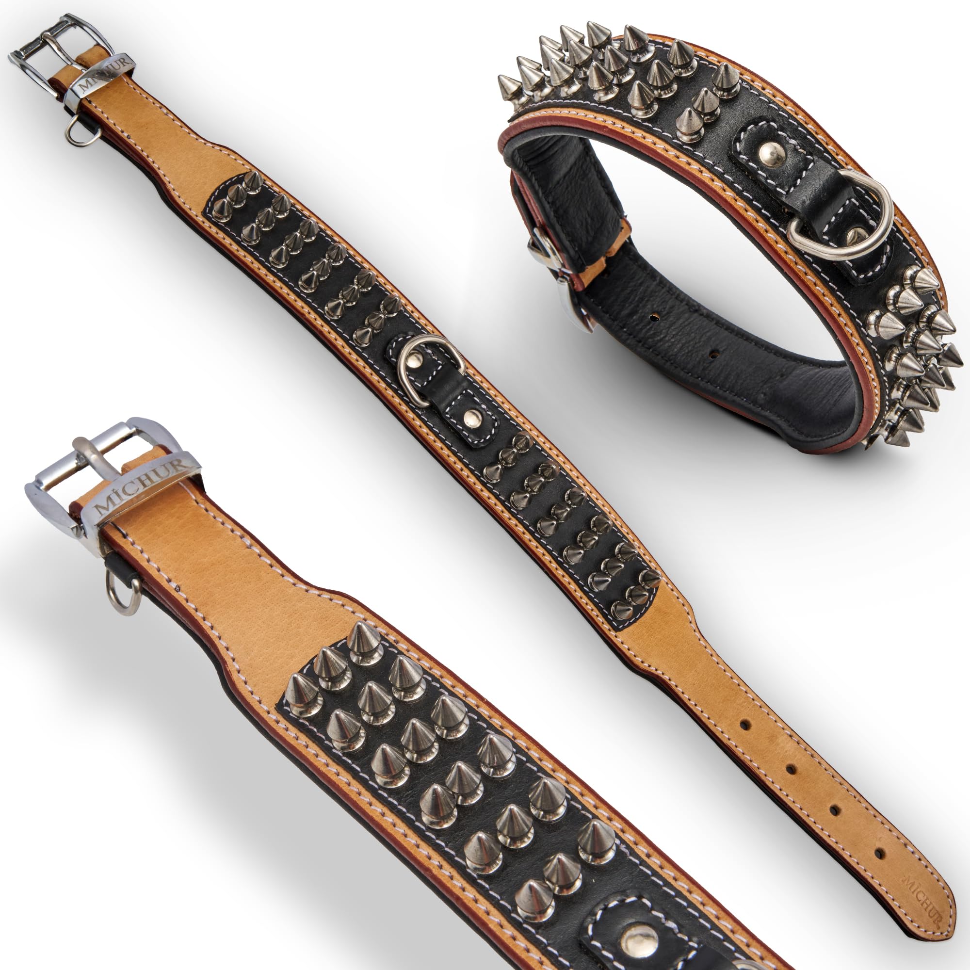 MICHUR Strike NO. 1 Hundehalsband Leder, Beige Schwarz, Breit, Nieten | Lederhalsband Hund, schwarz beige, Leder Hundehalsband, mit Nieten, Halsband breit, verschiedene Größen