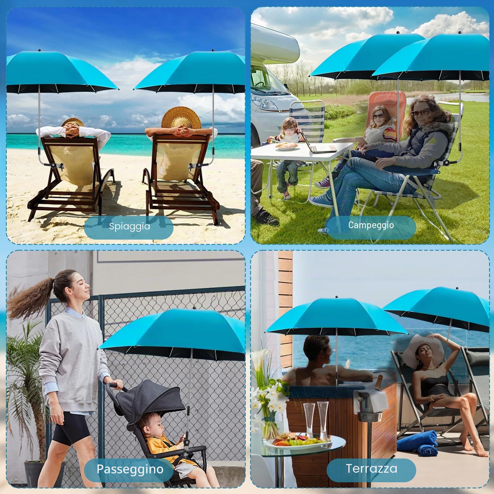 panthem Confezione da 2 ombrelloni da spiaggia con morsetto universale, UPF 50+ 360°, parasole portatile per sedia da campeggio, sedia a rotelle, sedie da patio, golf cart, balcone