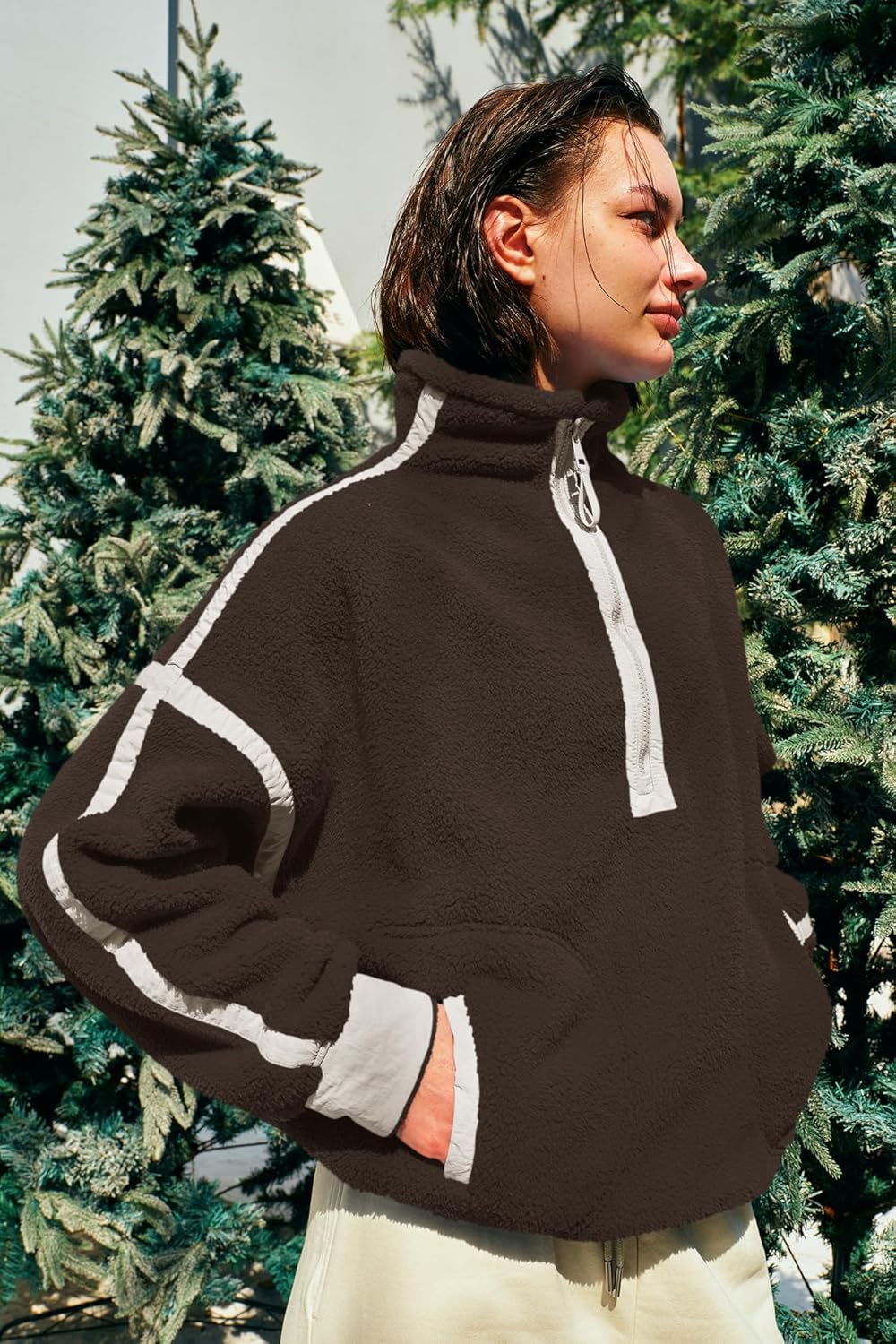 Panadila Womens Half Zip Sherpa Fleece Pullover Soft Oversized Sweatshirt with Pockets Warm Fuzzy Sweater - Image 3