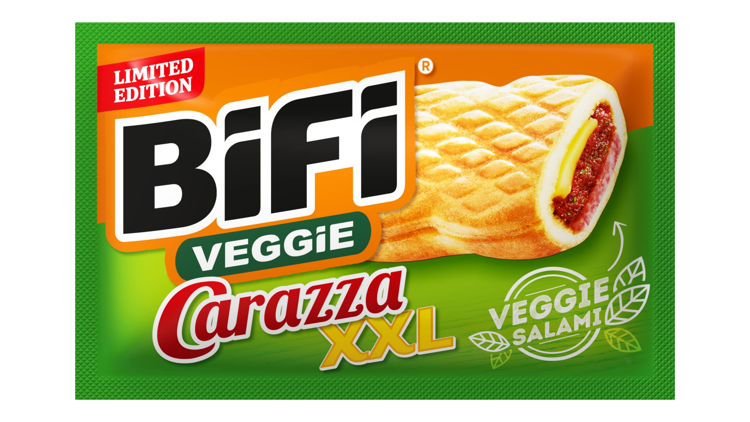 BiFi Veggie Carazza XXL, Pizzette Snack Vegetariane, Mini Pizzette in Formato Tascabile, per Viaggi, Ufficio e Pausa Pranzo, Con Salame, Salsa Alla Pizza e Formaggio, Confezione da 16 (16 X 70 g)
